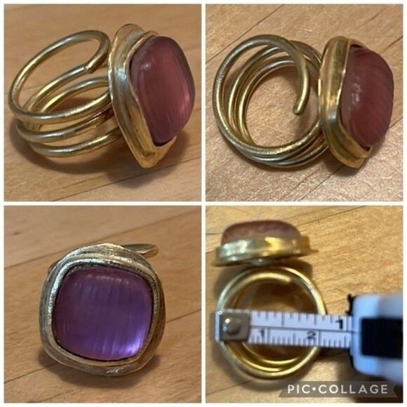 costume jewelry ring. Brushed Gold Tone Metal hand crafted metal with pink stone - Picture 2 of 11